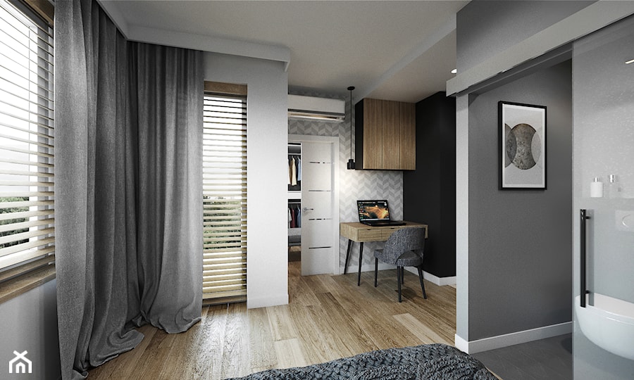 Mieszkanie Warszawa 70m2 - Duża biała czarna szara z biurkiem sypialnia z garderobą z łazienką, styl nowoczesny - zdjęcie od Przestrzenie