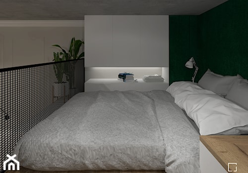 MINImum powierzchni, MAXImum funkcjonalności – „Miejski azyl” - Mała czarna szara sypialnia na antresoli, styl nowoczesny - zdjęcie od SZED DESIGN grafika i wnętrza