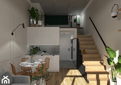MINImum powierzchni, MAXImum funkcjonalności – „Miejski azyl” - Mały biały czarny salon z kuchnią z jadalnią, styl nowoczesny - zdjęcie od SZED DESIGN grafika i wnętrza