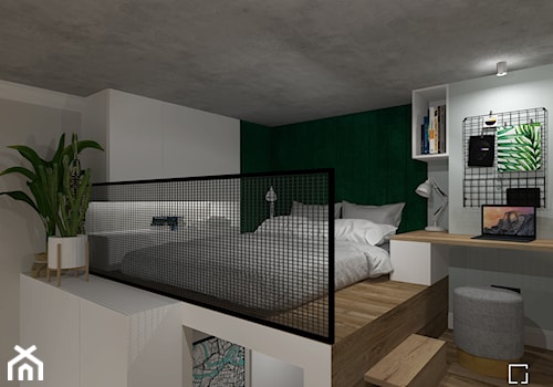 MINImum powierzchni, MAXImum funkcjonalności – „Miejski azyl” - Mała czarna szara z biurkiem sypialnia na antresoli, styl nowoczesny - zdjęcie od SZED DESIGN grafika i wnętrza