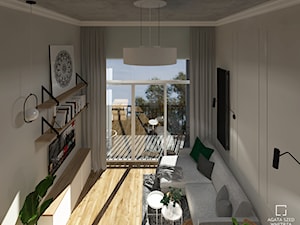 MINImum powierzchni, MAXImum funkcjonalności – „Miejski azyl” - Mały biały szary salon z tarasem / balkonem, styl nowoczesny - zdjęcie od SZED DESIGN grafika i wnętrza