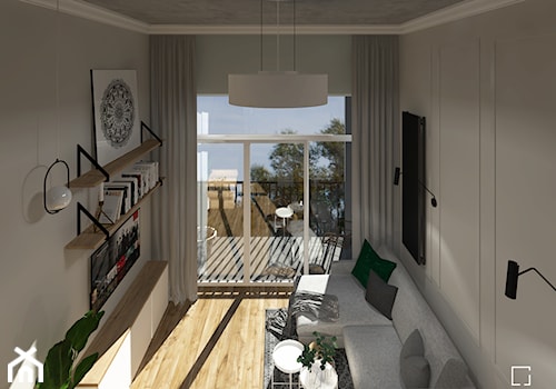 MINImum powierzchni, MAXImum funkcjonalności – „Miejski azyl” - Mały biały szary salon z tarasem / balkonem, styl nowoczesny - zdjęcie od SZED DESIGN grafika i wnętrza