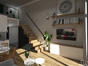MINImum powierzchni, MAXImum funkcjonalności – „Miejski azyl” - Mały biały szary salon z kuchnią z jadalnią z antresolą, styl nowoczesny - zdjęcie od SZED DESIGN grafika i wnętrza