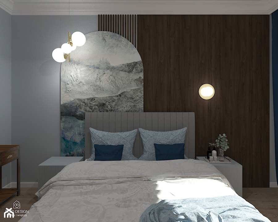 Projekt. Minimalistyczne Art Deco w błękicie - Sypialnia - zdjęcie od SZED DESIGN grafika i wnętrza