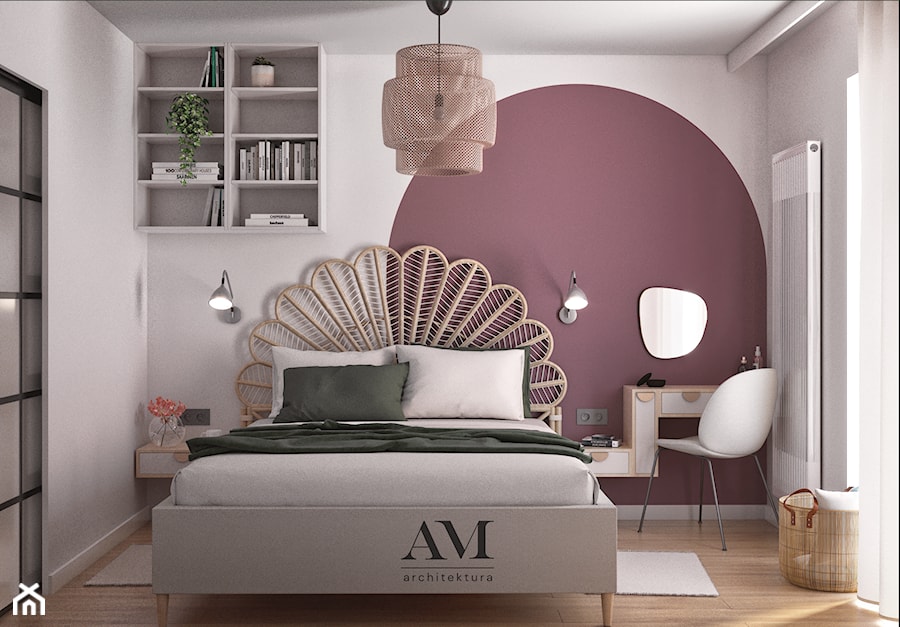 MIESZKANIE W KLIMACIE BOHO - Średnia biała fioletowa różowa sypialnia, styl nowoczesny - zdjęcie od AM architektura