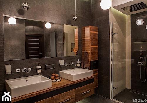 apartament, Poznań - Średnia z dwoma umywalkami z marmurową podłogą łazienka, styl nowoczesny - zdjęcie od inGROO | pracownia projektowa