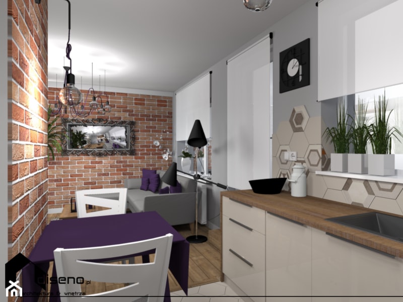 Mieszkanie singielki - Średni beżowy biały salon z kuchnią z jadalnią, styl vintage - zdjęcie od DISENO Sabina Kalawska-Matwiej