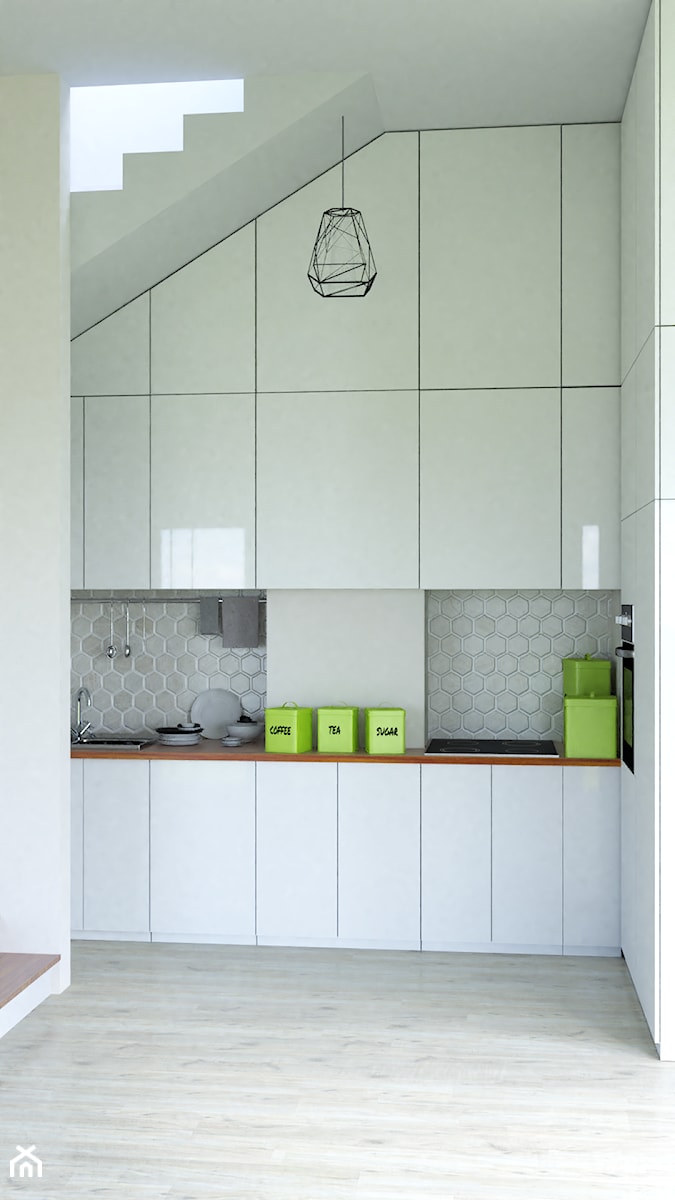 mieszkanie z przygodą - Średnia otwarta z salonem biała z zabudowaną lodówką z nablatowym zlewozmywakiem kuchnia w kształcie litery l, styl nowoczesny - zdjęcie od ASK- projektowanie wnętrz