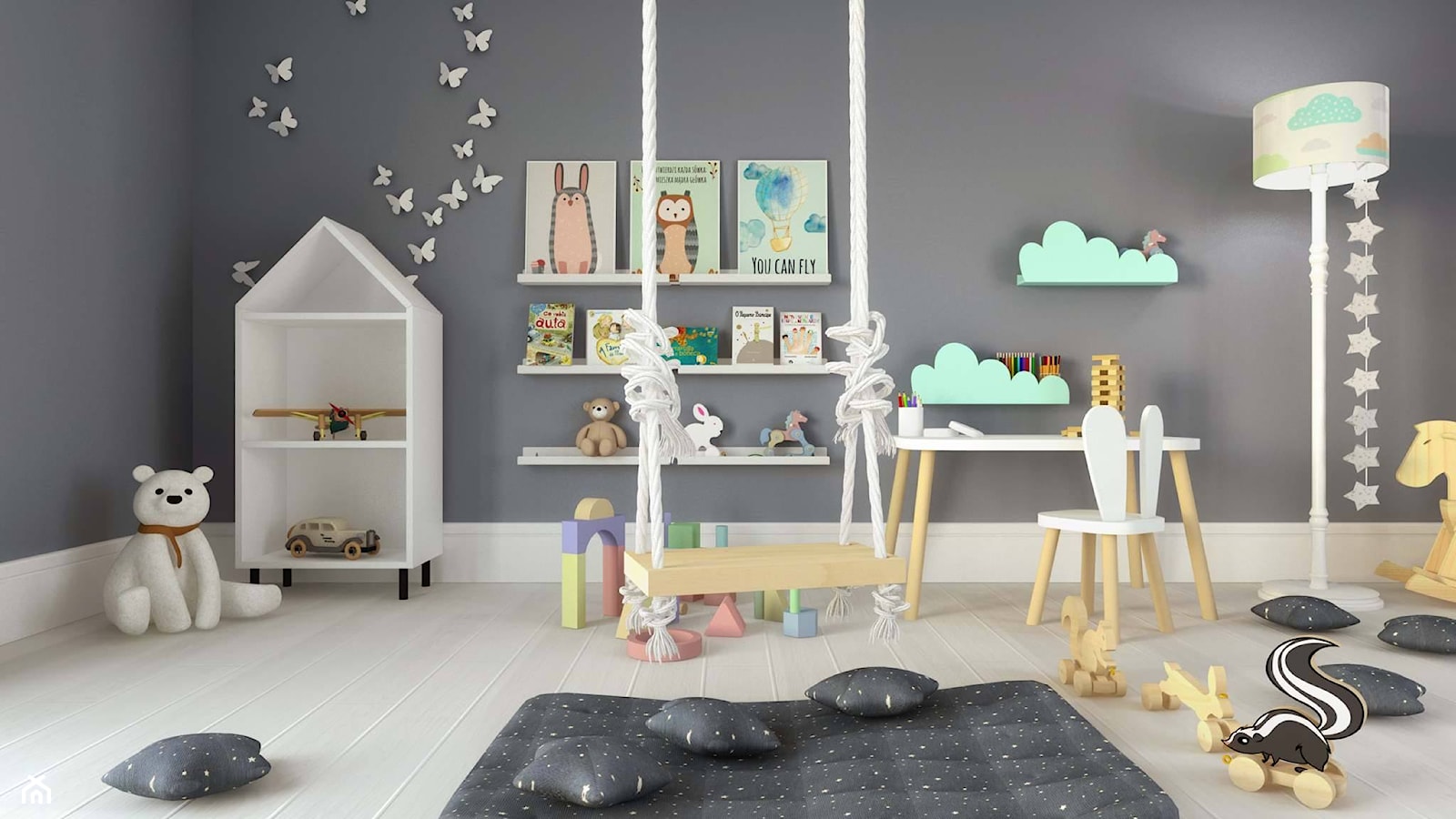 Pokój zabaw dla dziecka - Średni szary pokój dziecka dla dziecka dla chłopca dla dziewczynki, styl skandynawski - zdjęcie od ASK- projektowanie wnętrz - Homebook