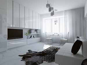 Projekt kawalerki Gdynia - Średni biały salon z jadalnią, styl minimalistyczny - zdjęcie od Pender Design