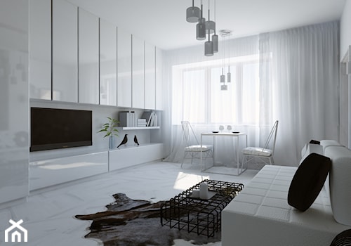 Projekt kawalerki Gdynia - Średni biały salon z jadalnią, styl minimalistyczny - zdjęcie od Pender Design