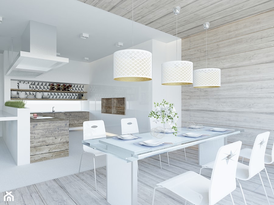 Projekt domu nowoczesnego z ogródkiem wewnętrznym - Duża biała jadalnia w salonie, styl nowoczesny - zdjęcie od Pender Design