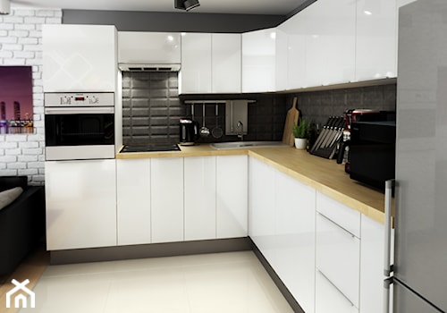 Mieszkanie - Średnia otwarta z salonem czarna z zabudowaną lodówką z lodówką wolnostojącą z nablatowym zlewozmywakiem kuchnia w kształcie litery l, styl glamour - zdjęcie od EnigmaVisualDesign