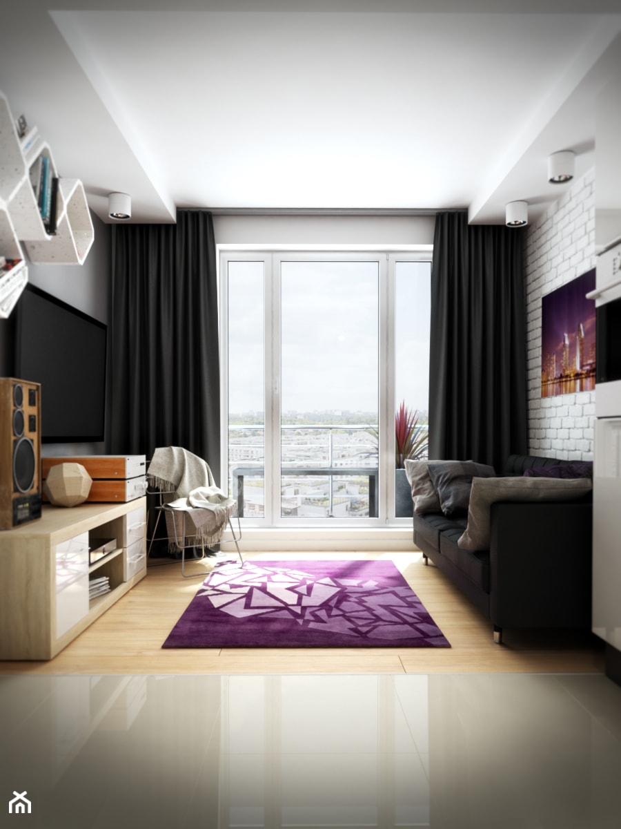 Mieszkanie - Mały biały salon z kuchnią z tarasem / balkonem, styl glamour - zdjęcie od EnigmaVisualDesign