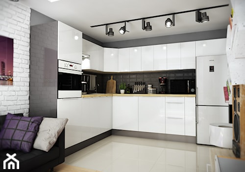 Mieszkanie - Średnia otwarta z salonem biała czarna z zabudowaną lodówką z lodówką wolnostojącą z nablatowym zlewozmywakiem kuchnia w kształcie litery l, styl glamour - zdjęcie od EnigmaVisualDesign