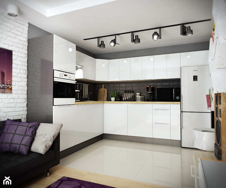 Mieszkanie - Średnia otwarta z salonem biała czarna z zabudowaną lodówką z lodówką wolnostojącą z nablatowym zlewozmywakiem kuchnia w kształcie litery l, styl glamour - zdjęcie od EnigmaVisualDesign