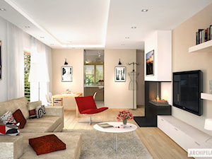 Projekt domu Iwo G1 - wizualizacja salonu - zdjęcie od ARCHIPELAG Pracownia Projektowa
