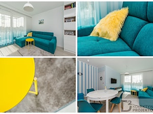 Turkusowe mieszkanie wakacyjne nad morzem - Średni biały niebieski salon z jadalnią - zdjęcie od Kolektyw D2