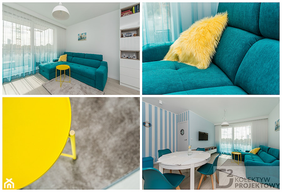 Turkusowe mieszkanie wakacyjne nad morzem - Średni biały niebieski salon z jadalnią - zdjęcie od Kolektyw D2