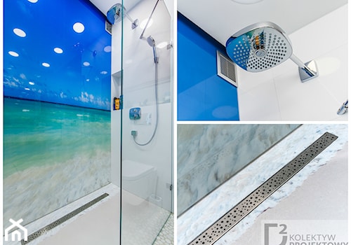 Turkusowe mieszkanie wakacyjne nad morzem - Ze szkłem na ścianie łazienka - zdjęcie od Kolektyw D2