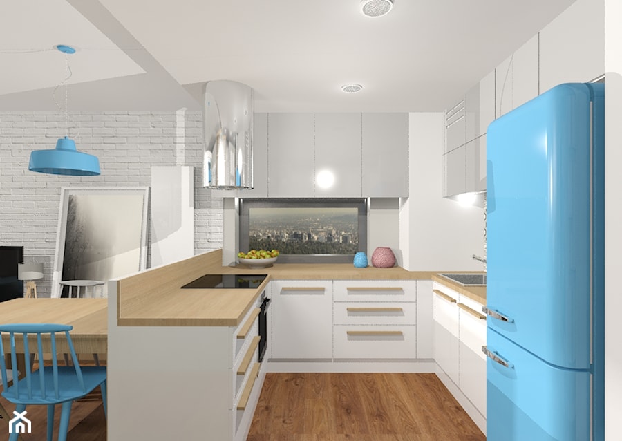 Nowoczesne mieszkanie "Niebieskie" - Średnia otwarta biała z zabudowaną lodówką z nablatowym zlewozmywakiem kuchnia w kształcie litery u z oknem, styl skandynawski - zdjęcie od Kolektyw D2