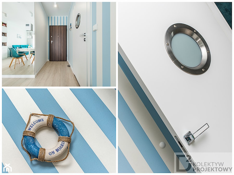Turkusowe mieszkanie wakacyjne nad morzem - Średni biały niebieski hol / przedpokój - zdjęcie od Kolektyw D2