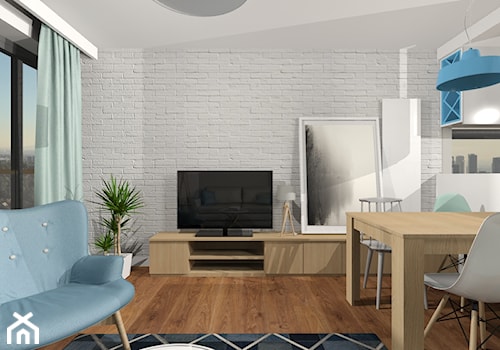 Nowoczesne mieszkanie "Niebieskie" - Mały biały salon z kuchnią z jadalnią z barkiem, styl skandynawski - zdjęcie od Kolektyw D2