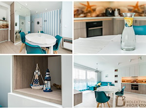 Turkusowe mieszkanie wakacyjne nad morzem - Średnia biała jadalnia w salonie w kuchni - zdjęcie od Kolektyw D2