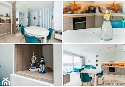 Turkusowe mieszkanie wakacyjne nad morzem - Średnia biała jadalnia w salonie w kuchni - zdjęcie od Kolektyw D2