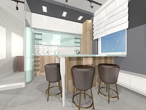 STYLOWE MIESZKANIE W BLOKU - Mała otwarta z salonem biała szara z zabudowaną lodówką z lodówką wolnostojącą kuchnia w kształcie litery g, styl nowoczesny - zdjęcie od Kolektyw D2