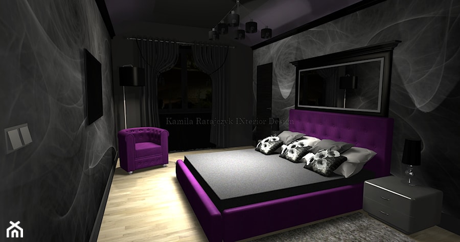 Duża czarna sypialnia, styl glamour - zdjęcie od Kamila Ratajczyk. INterior Design. Aranżacja, Projektowanie wnętrz.