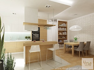 Projekt mieszkania 78 m2 na Woli. - Średnia otwarta z salonem beżowa biała z zabudowaną lodówką kuchnia w kształcie litery l z wyspą lub półwyspem z kompozytem na ścianie nad blatem kuchennym, styl nowoczesny - zdjęcie od 4ma projekt