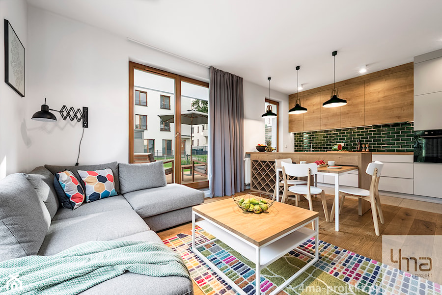 Mieszkanie 60 m2 na Bielanach - Średni biały zielony salon z kuchnią z jadalnią, styl skandynawski - zdjęcie od 4ma projekt
