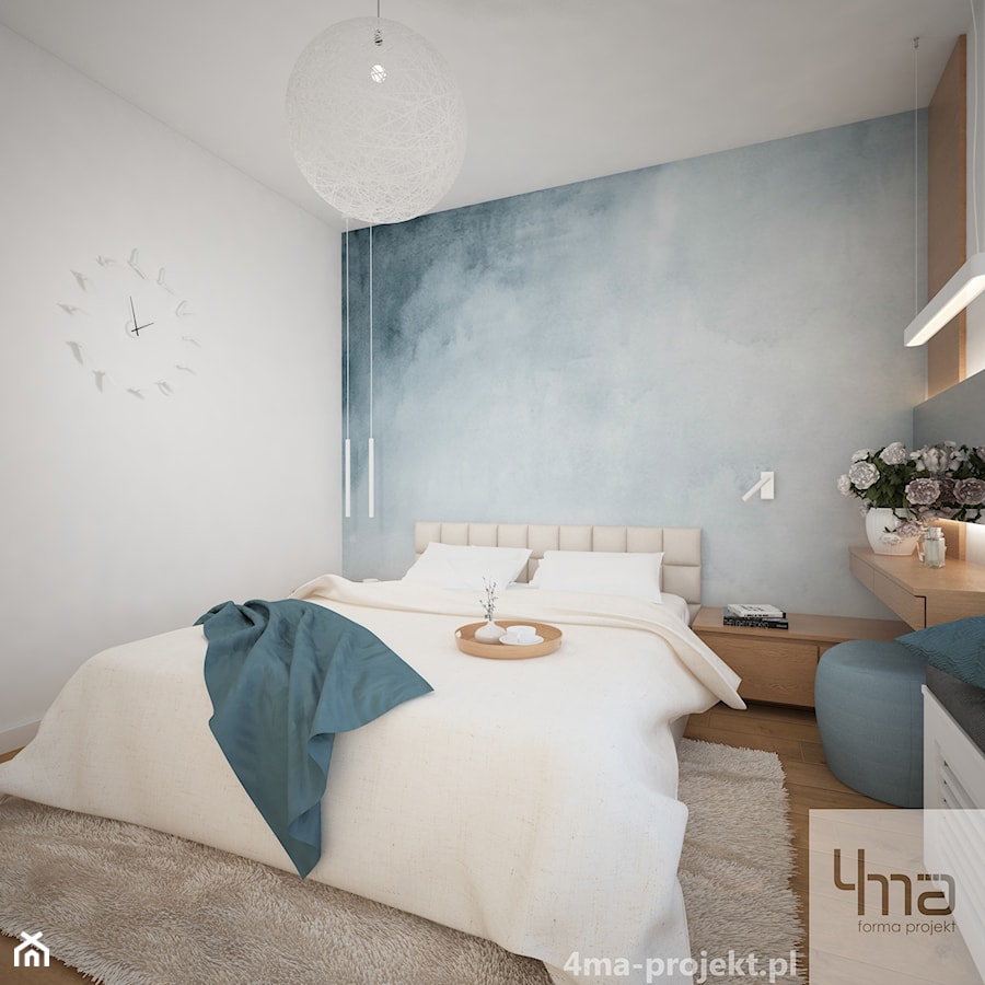 Mieszkanie 68 m2 - Mała biała niebieska sypialnia, styl nowoczesny - zdjęcie od 4ma projekt