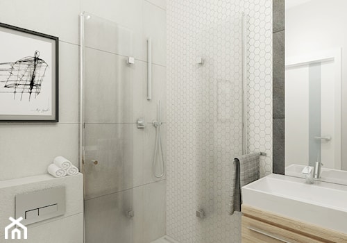 Projekt mieszkania na Bielanach o pow. 51,5 m2. - Mała bez okna z lustrem z punktowym oświetleniem łazienka, styl nowoczesny - zdjęcie od 4ma projekt