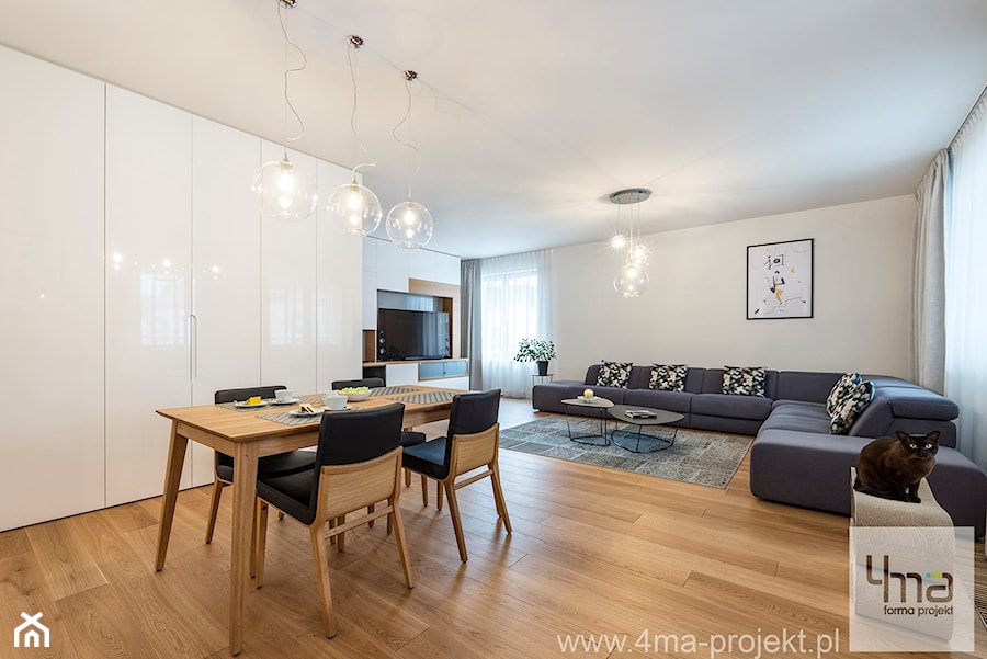 Projekt mieszkania 160 m2 na Mokotowie. - Średni biały salon z jadalnią, styl nowoczesny - zdjęcie od 4ma projekt