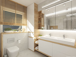 Mała na poddaszu z dwoma umywalkami łazienka z oknem, styl nowoczesny - zdjęcie od 4ma projekt