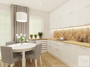Projekt salonu z aneksem kuchennym 22 m2 i łazienki 5,2 m2. - Średnia otwarta z salonem beżowa biała kuchnia jednorzędowa, styl skandynawski - zdjęcie od 4ma projekt