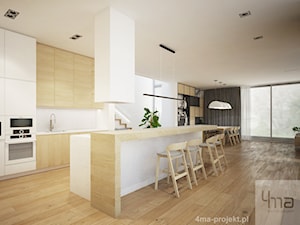 Dom 310 m2. - Duża otwarta z salonem biała z zabudowaną lodówką kuchnia dwurzędowa z wyspą lub półwyspem z oknem, styl nowoczesny - zdjęcie od 4ma projekt