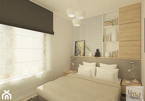 Projekt mieszkania o pow. 55,5 m2 w Wilanowie. - Mała biała szara sypialnia, styl nowoczesny - zdjęcie od 4ma projekt
