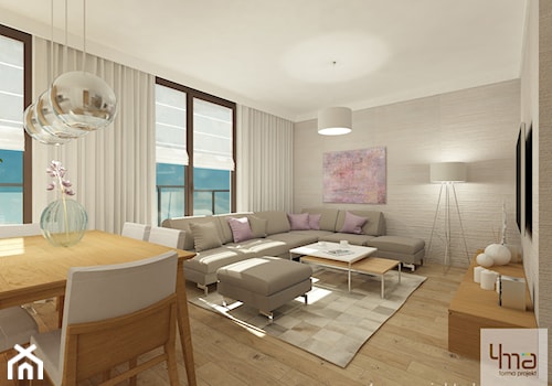 Projekt mieszkania 98 m2 w Wilanowie. - Średni beżowy salon z jadalnią, styl nowoczesny - zdjęcie od 4ma projekt