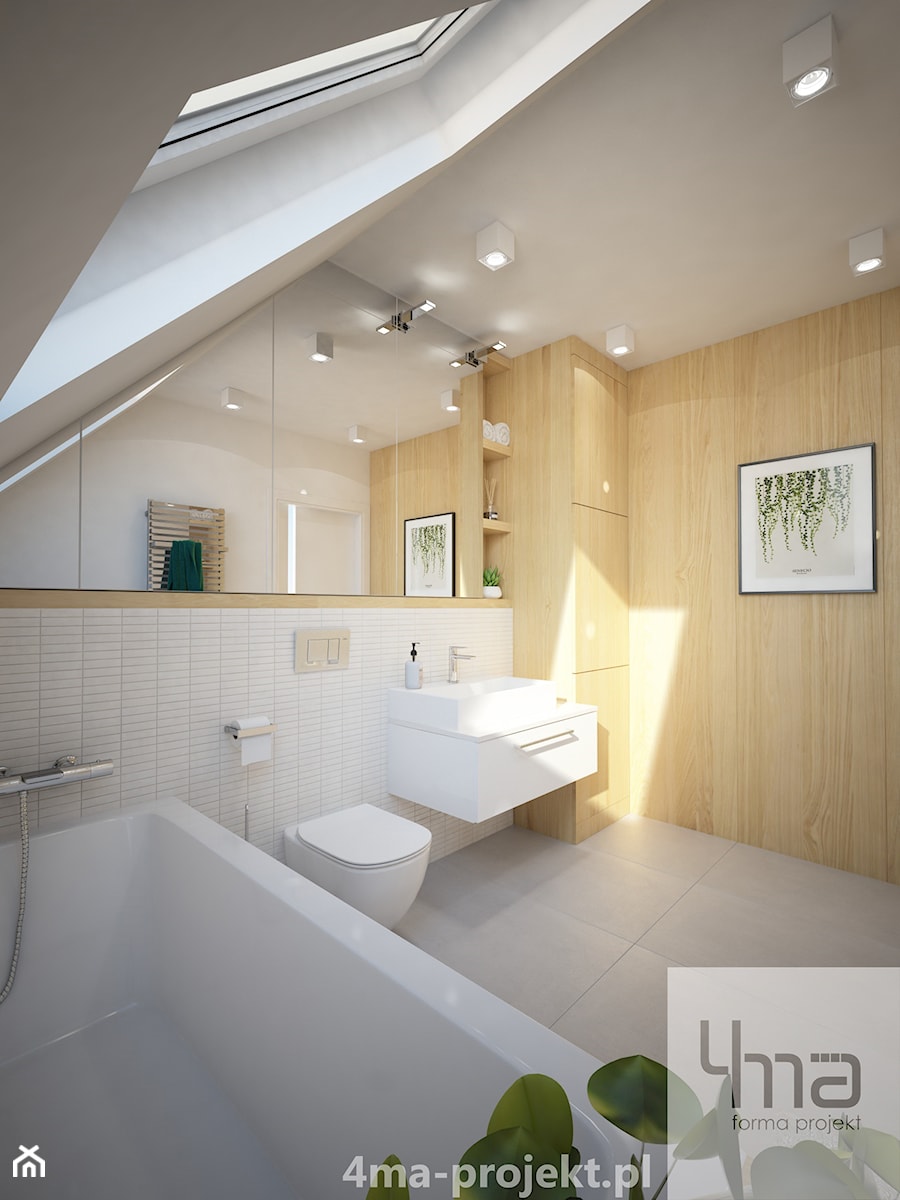 Projekt strefy dziennej - Średnia na poddaszu z lustrem z punktowym oświetleniem łazienka z oknem, styl nowoczesny - zdjęcie od 4ma projekt