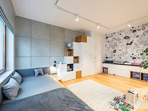 Projekt mieszkania 160 m2 na Mokotowie. - Duży biały szary pokój dziecka dla nastolatka dla chłopca dla dziewczynki, styl nowoczesny - zdjęcie od 4ma projekt