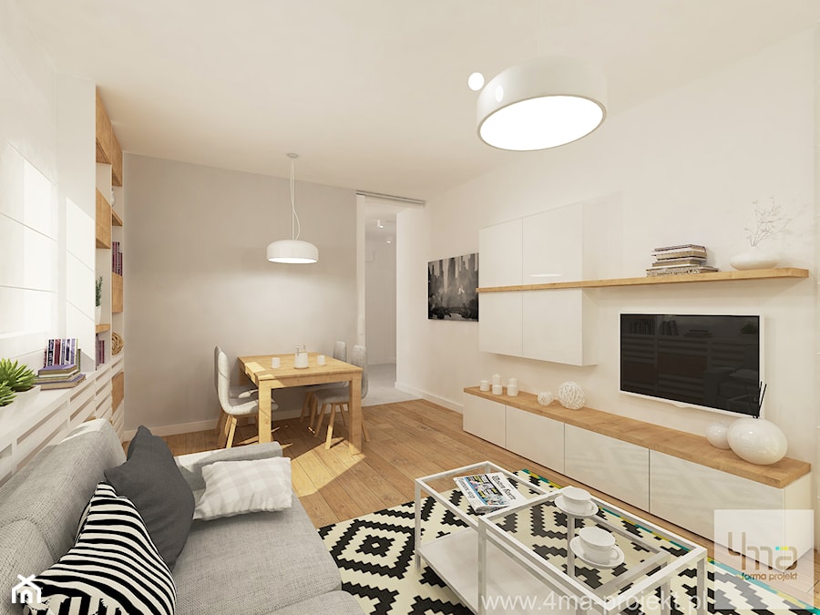 Projekt mieszkania w Wilanowie, pow. 52 m2 - Średni biały szary salon z jadalnią z bibiloteczką, styl skandynawski - zdjęcie od 4ma projekt