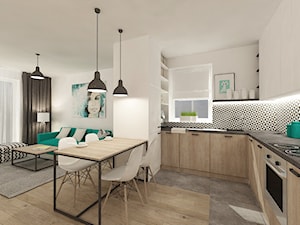 Mieszkanie 64 m2 z "loftowym" akcentem. - Średnia otwarta z salonem biała szara z zabudowaną lodówką z nablatowym zlewozmywakiem kuchnia w kształcie litery l, styl skandynawski - zdjęcie od 4ma projekt
