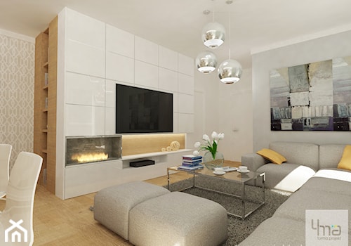 Projekt mieszkania 78 m2 na Woli. - Duży beżowy biały salon z jadalnią, styl nowoczesny - zdjęcie od 4ma projekt