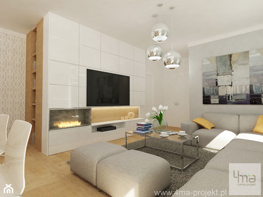 Projekt mieszkania 78 m2 na Woli. - Duży beżowy biały salon z jadalnią, styl nowoczesny - zdjęcie od 4ma projekt