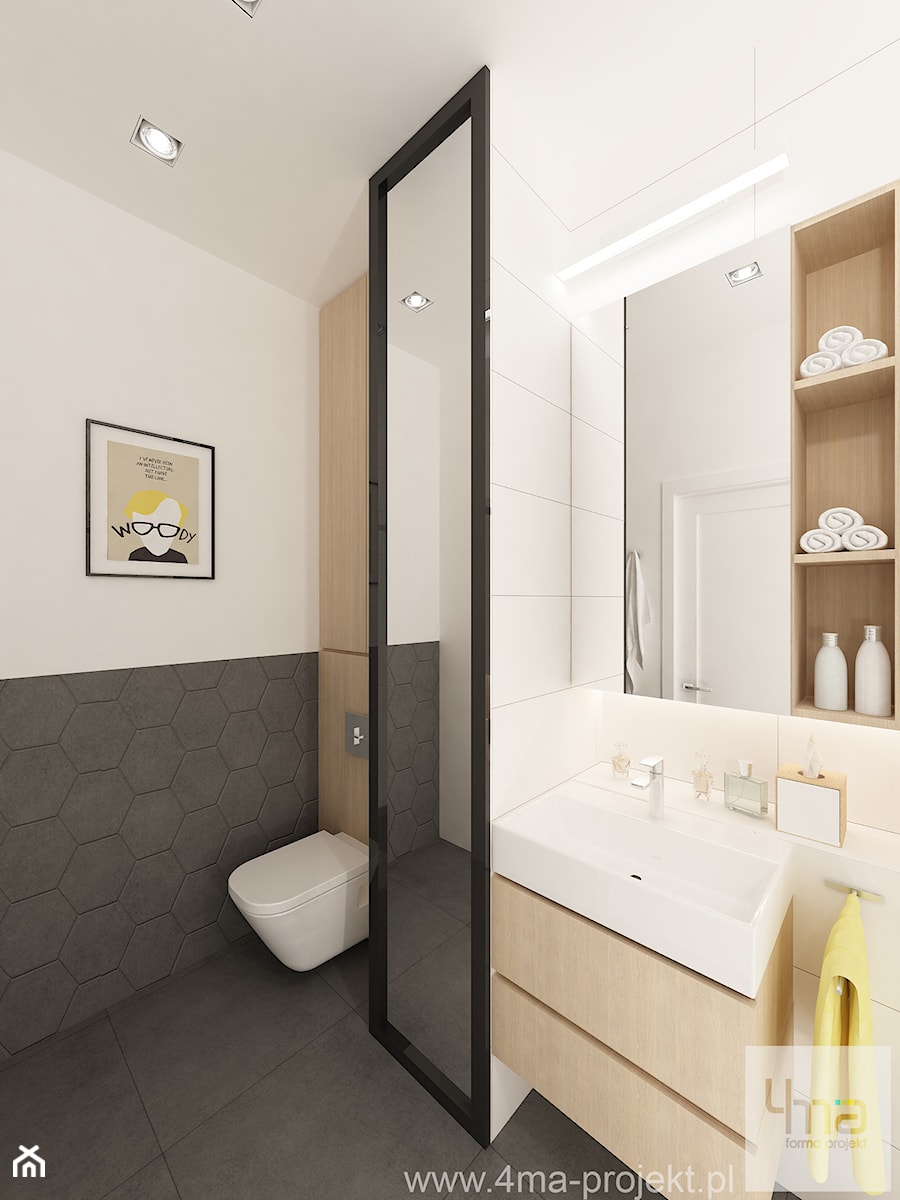 Projekt salonu z kuchnią i dwóch łazienek. Powierzchnia 52,1 m2. - Łazienka, styl nowoczesny - zdjęcie od 4ma projekt