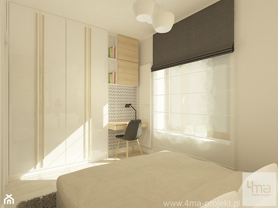 Projekt mieszkania o pow. 55,5 m2 w Wilanowie. - Średnia beżowa z biurkiem sypialnia, styl nowoczesny - zdjęcie od 4ma projekt