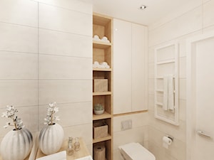 Projekt salonu z aneksem kuchennym 22 m2 i łazienki 5,2 m2. - Mała bez okna z punktowym oświetleniem łazienka, styl nowoczesny - zdjęcie od 4ma projekt